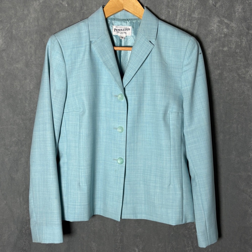 Pendleton Sky Blue‎ Virgin Wool Blazer Jacket Petite 10 Career Preppy Classic